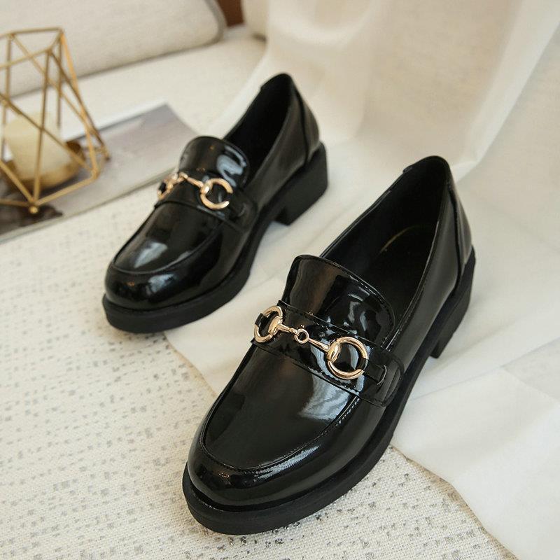 Glossy Patent Mary Jane Flats 3CM Chunky Heel School Shoes w/ Metal Chain Bow (Black) - Factory Direct
