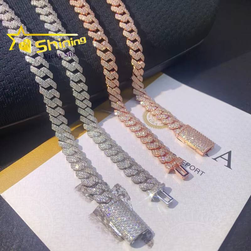 Shining Iced Out Hip Hop Cuban Chain 10MM Width 925 Sterling Silver Moissanite Cuban Link Chain Men Fine Necklace