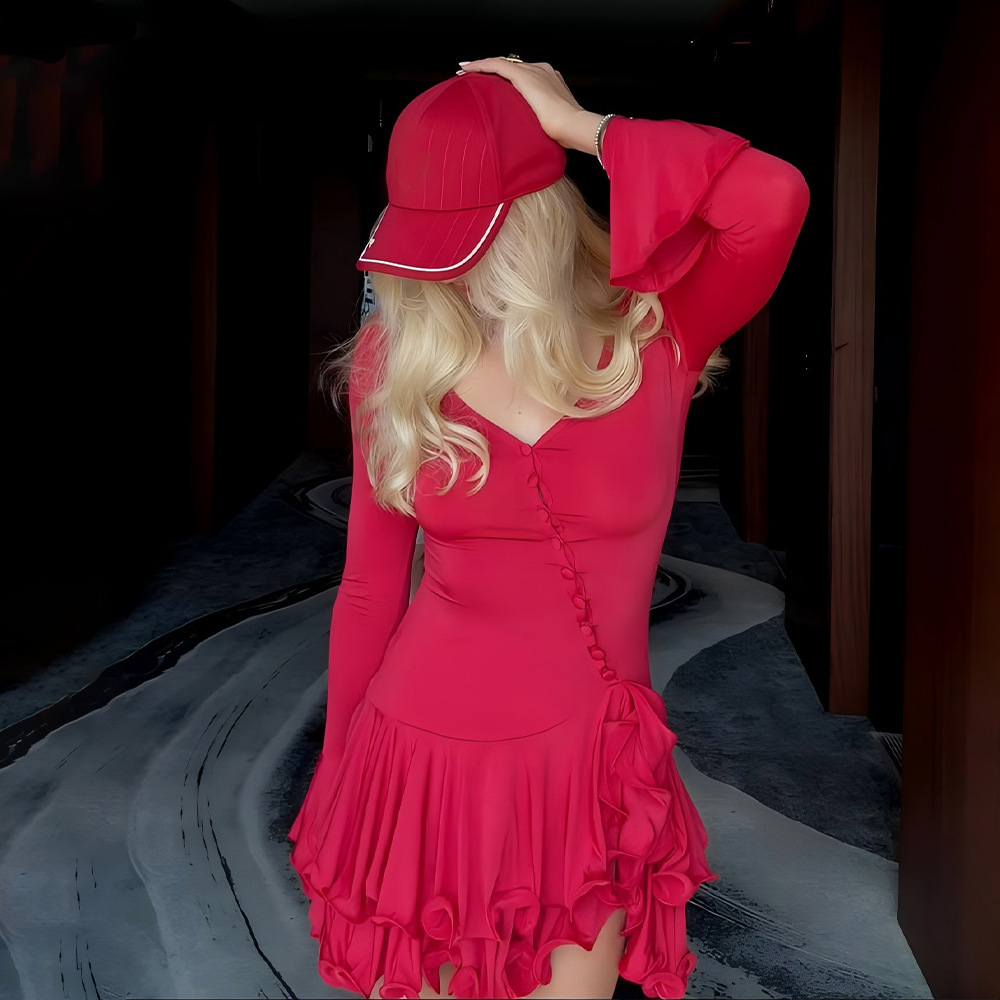 2025 New Hot fashion Selling Trumpet Sleeve Waist Skirt Foreign Trade Sexy Hot Girl Single breasted Dress Women's New Designer Dress