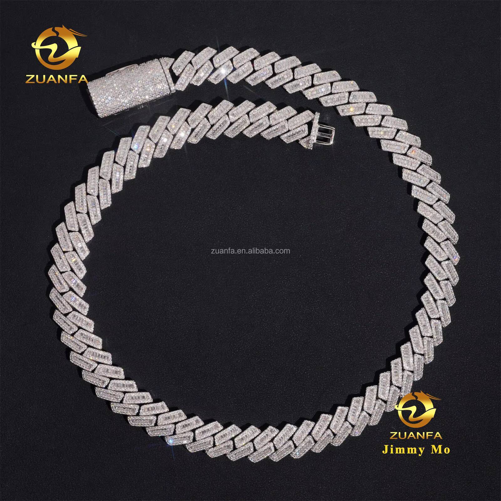 New Arrivals Fashion Popular Box Clasp S925 12mm 15mm Iced Out Hip Hop VVS1 Baguette Moissanite Diamond Miami Cuban Link Men