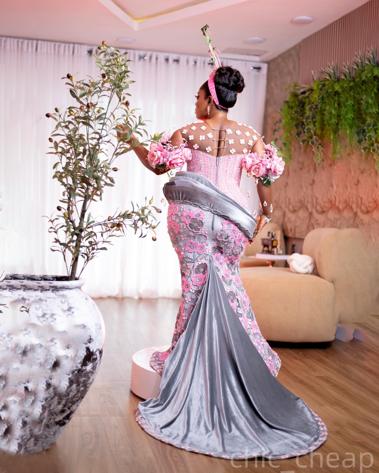 Pink Grey Mermaid Prom Dresses 2025 Flowers Crystals Beaded Evening Formal Party Second Birthday Engagement Gowns Plus Size Dress For Special Occasion