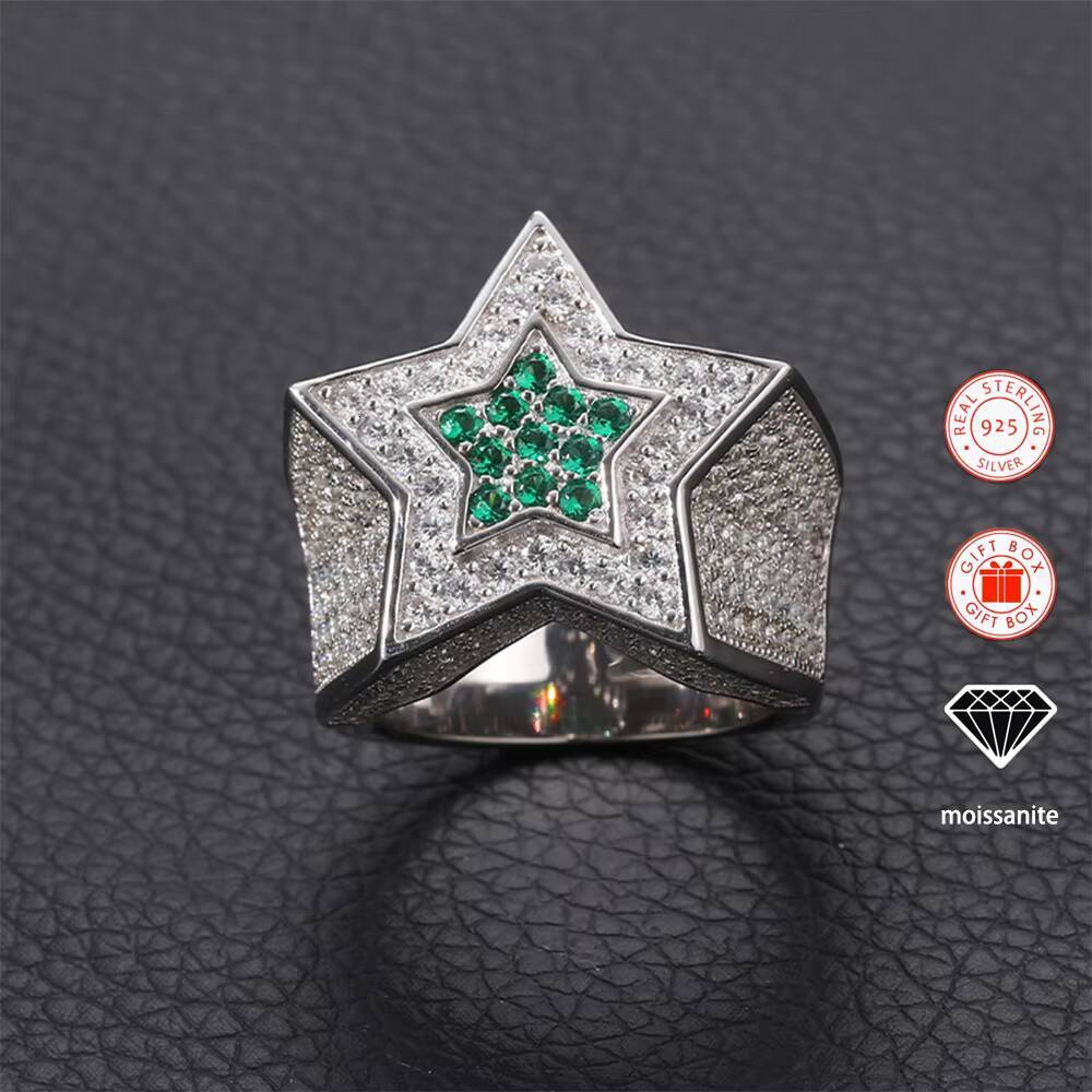 Sapphire Star Pentagram Moissanite Ring for Men 18K Gold-Plated S925 Sterling Silver Hiphop Style Rings