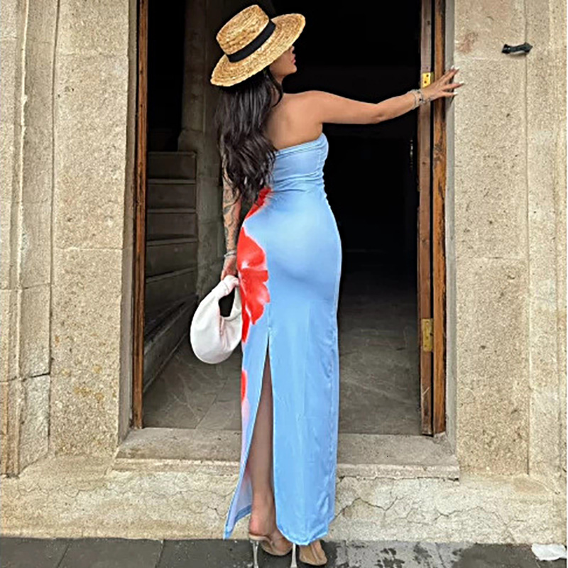 2025 summer fashion European and fashion American INS sexy style slim fit printed tube top split tight long skirt factory wholesale new designer dress