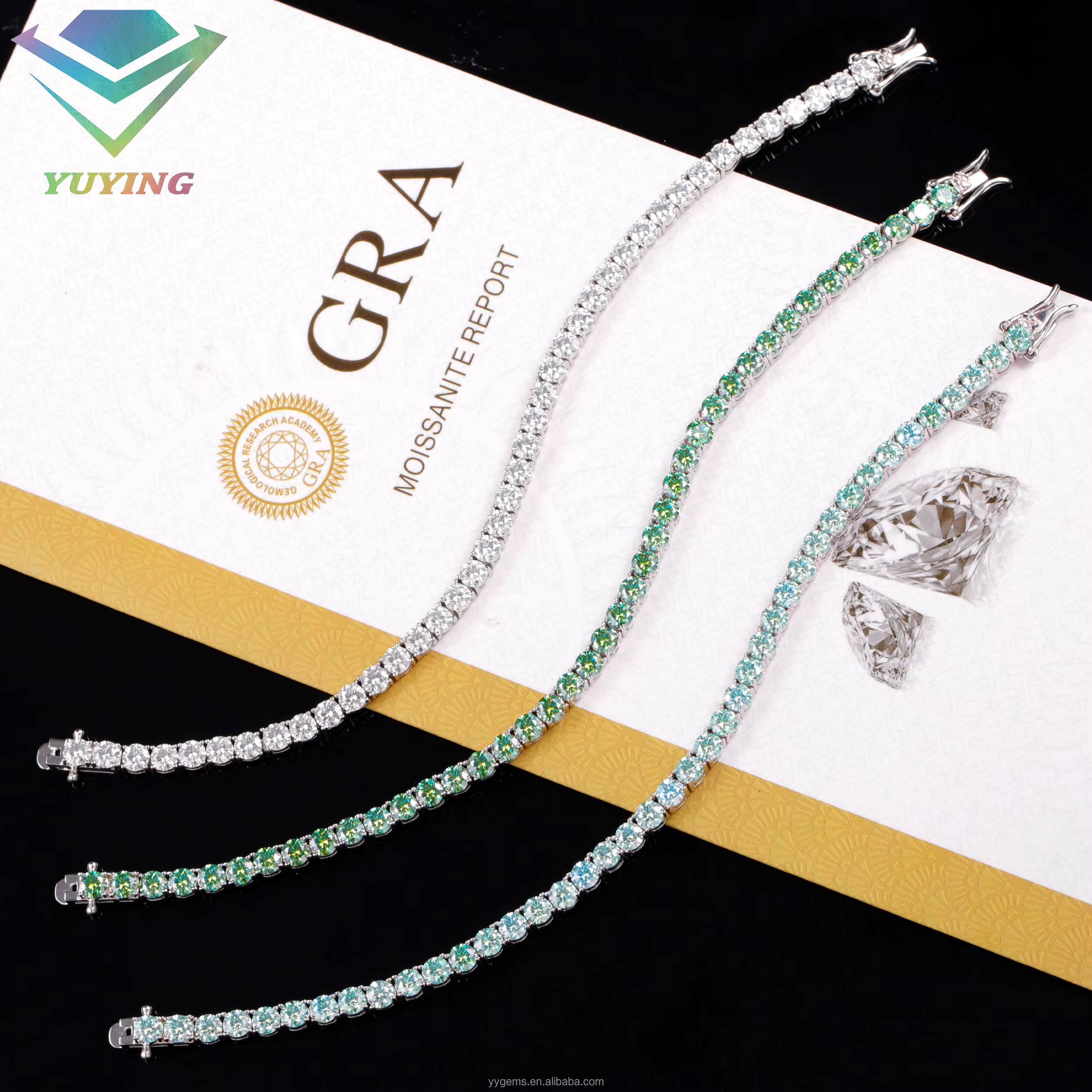 Colorful Blue/Green Moissanite Diamond Tennis Bracelet Fine Silver Jewelry with VVS Stone Elegant Necklace Design