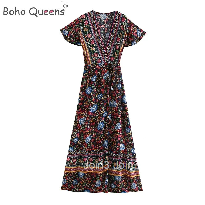 Boho Queens Women Floral Print Bat Sleeve Beach Robe Bohemian Maxi Dresses Ladies Sexy V Neck Summer Happie Dress Vestidos