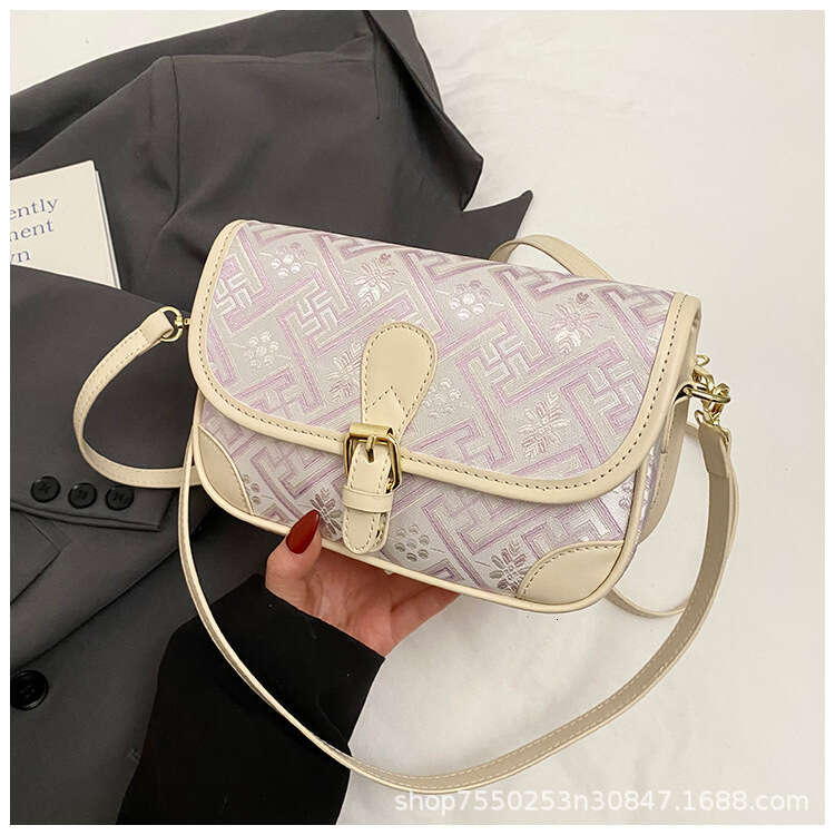2025 New Intangible Cultural Heritage Zhuang Brocade Elegant Travel Choice Light Purple Geometric Pattern Handbag for Women Shoulder Crossbody Commuti