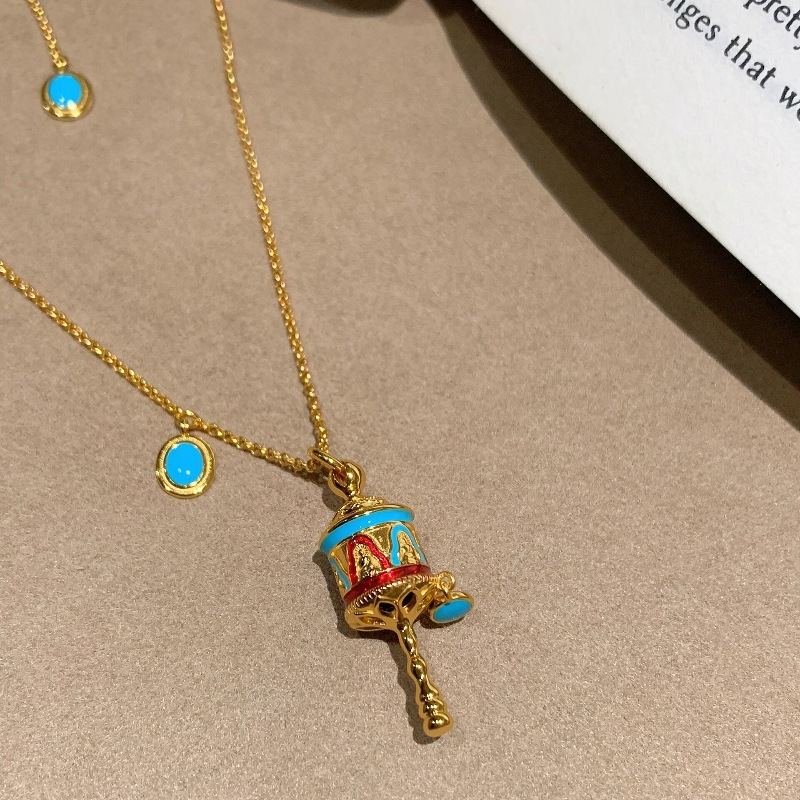 fashion temperament Versatile Handcrafted Brass Spinner Necklace Lapis Enamel Turquoise Accents