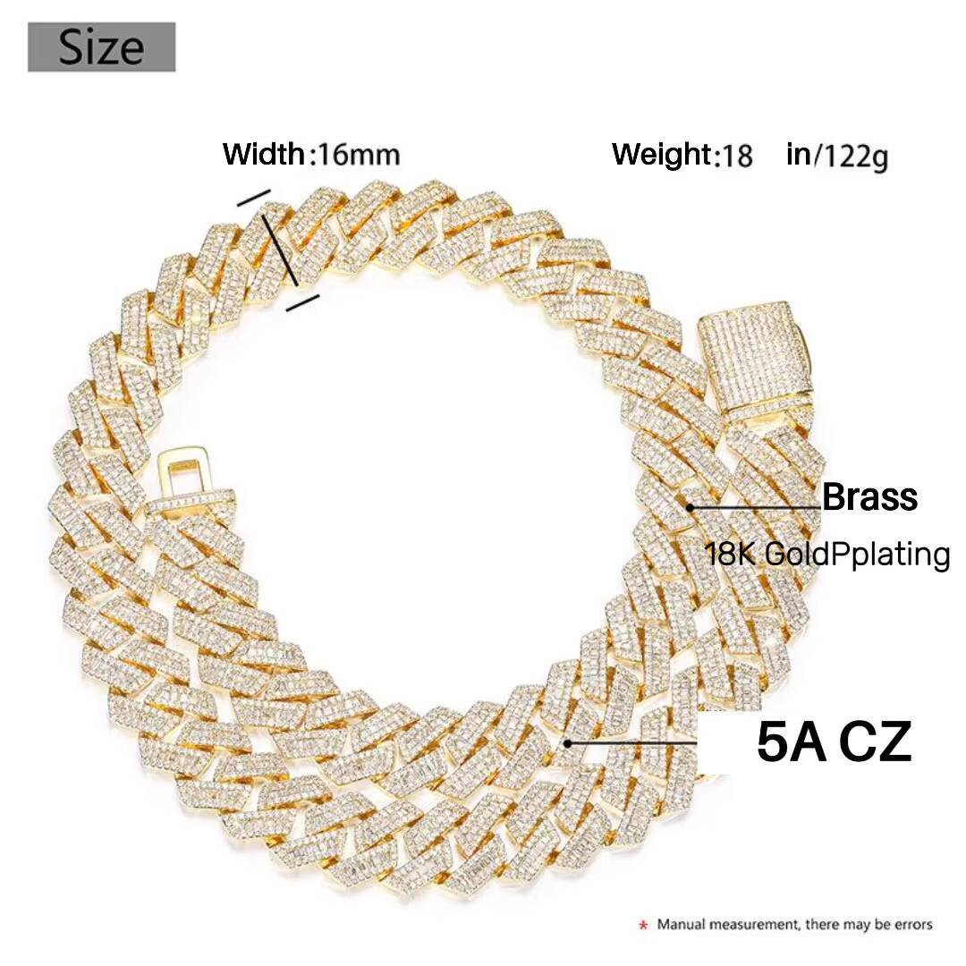 New 16mm Rhombus Maimi Cuban Link Chain Mixed CZ Diamond Iced Out Hip Hop Necklace 18K Gold Plated Brass Factory Direct Supply