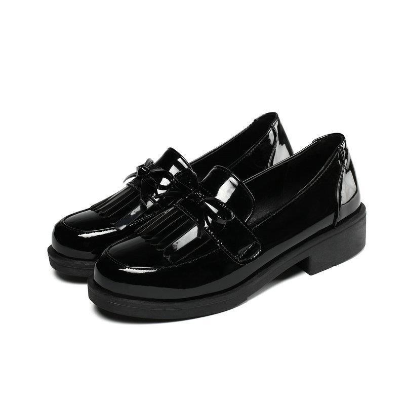 Glossy Patent Mary Jane Flats 3CM Chunky Heel School Shoes w/ Metal Chain Bow (Black) - Factory Direct