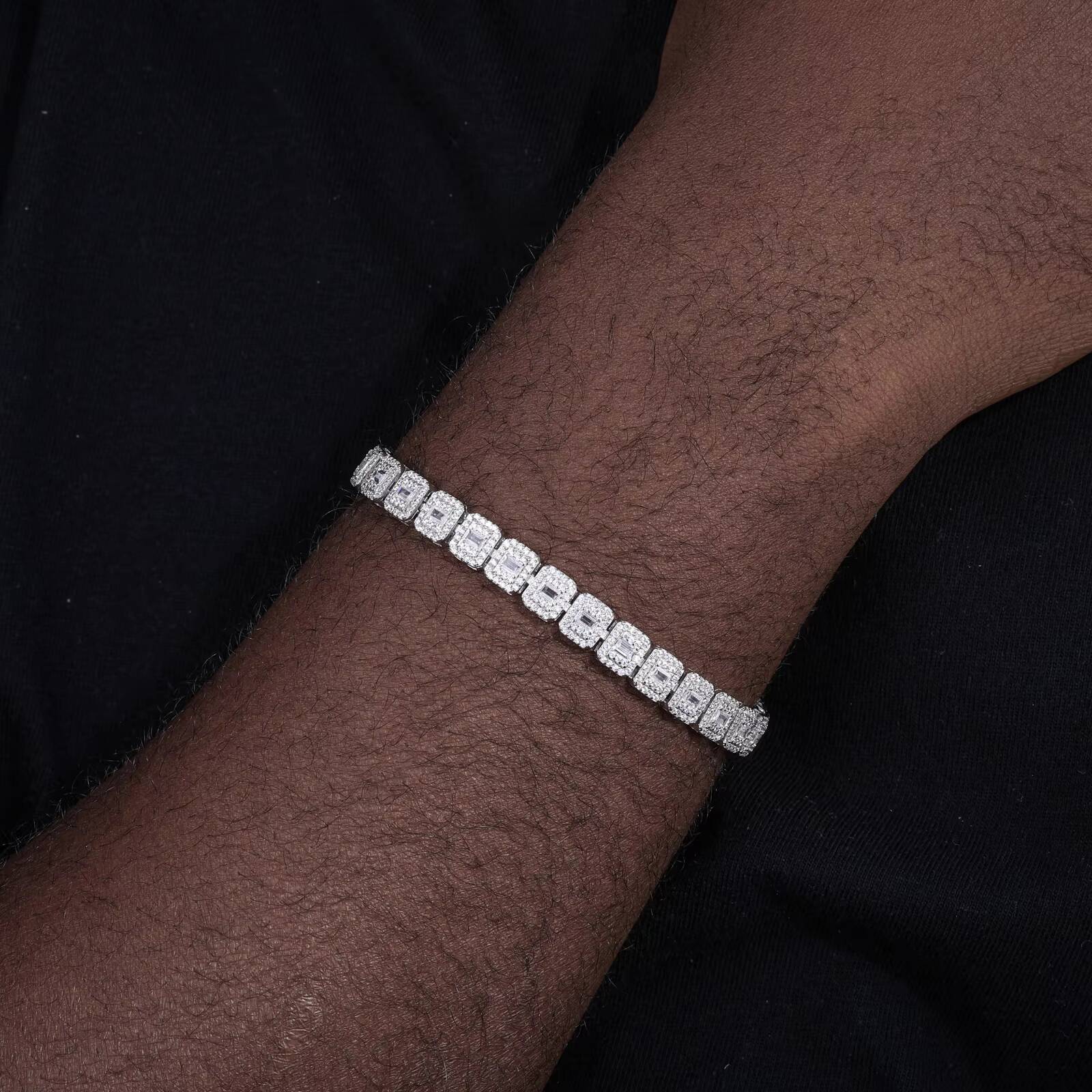 Hip Hop Jewelry 7.5mm White Gold 925 Silver Cluster VVS Baguette Moissanite Diamond Ice Out Tennis Bracelet for Men Women