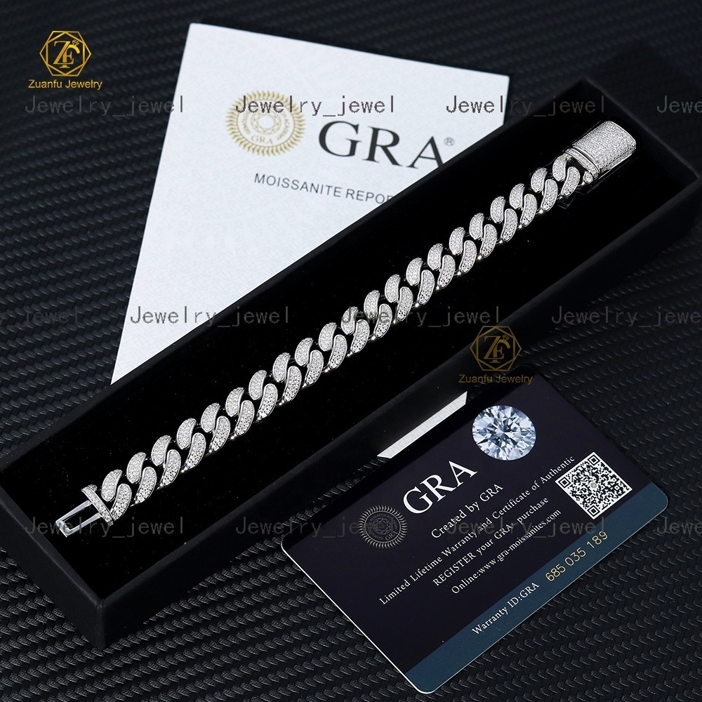 Zuanfo Jewelry Hip Hop Iced Out Miami Cuban Link 925 Sterling Silver Cuban Link Bracelet VVS Moissanite Cuban Chain