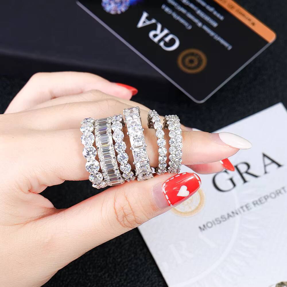 Fine Ring Moissanite Tennis Eternity Ring Jewelry D/VVS Emerald Moissanite 925 Sterling Silver Hiphop Style Jewelry