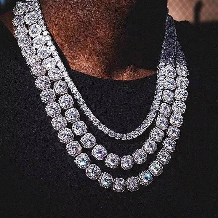 Hip Hop Miami Silver Jewelry for Men Stainless Steel Iced Clasp Link Chain-Cuban Cadena Cubana for Gift Lab Pearl Stones Watches