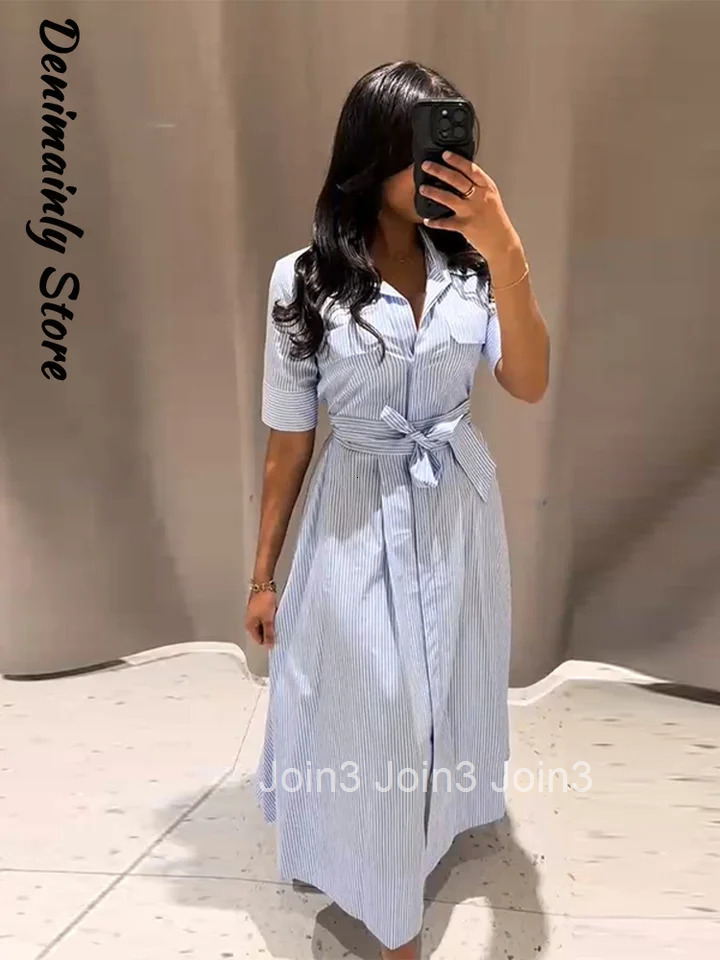 Casual Striped Women Summer Dress Lapel Single Breast Half Sleeve Slim Waist Long Dresses Autumn Lady Fashion Vacation Robe