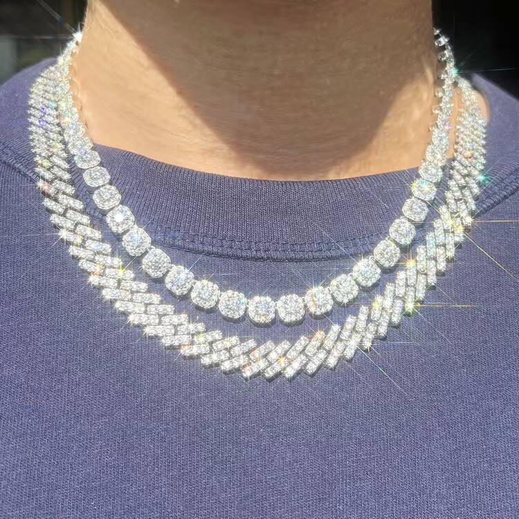 Wholesale Price 10mm Wide Single Row VVS Moissanite Diamond 925 Silver Cuban Link Chain for Mans Hip Hop Rapper Necklace