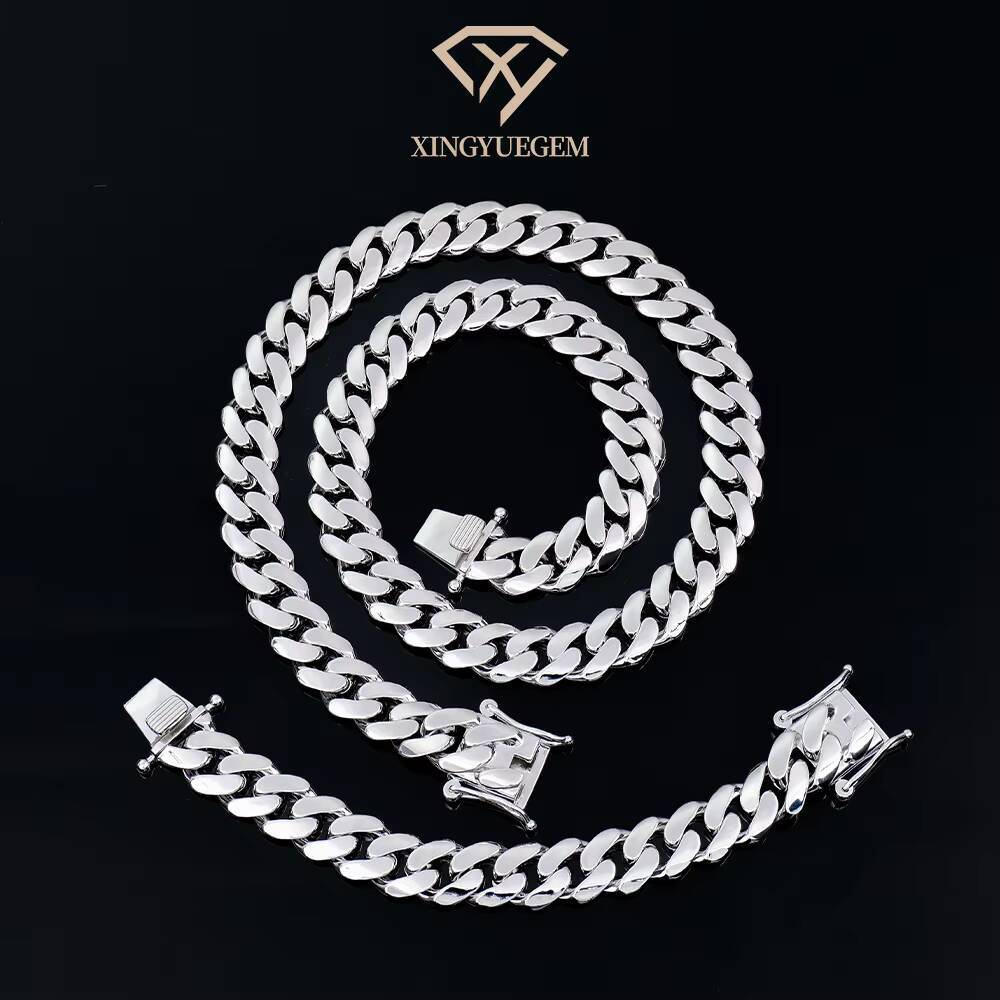 Mens Miami Hip Hop Fashion Jewelry 18k Gold Plated 925 Sterling Silver 14mm 18mm Plain Cuban Chain Necklace Link Bracelets