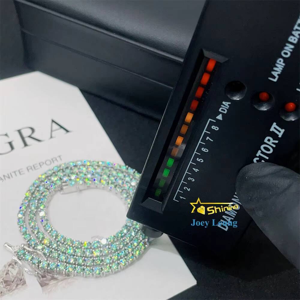 New Design Pass Diamond Tester Hip Hop Jewelry 925 Silver Iced Out 2mm 3mm 4mm 5mm Blue Green Color Moissanite Tennis Chain