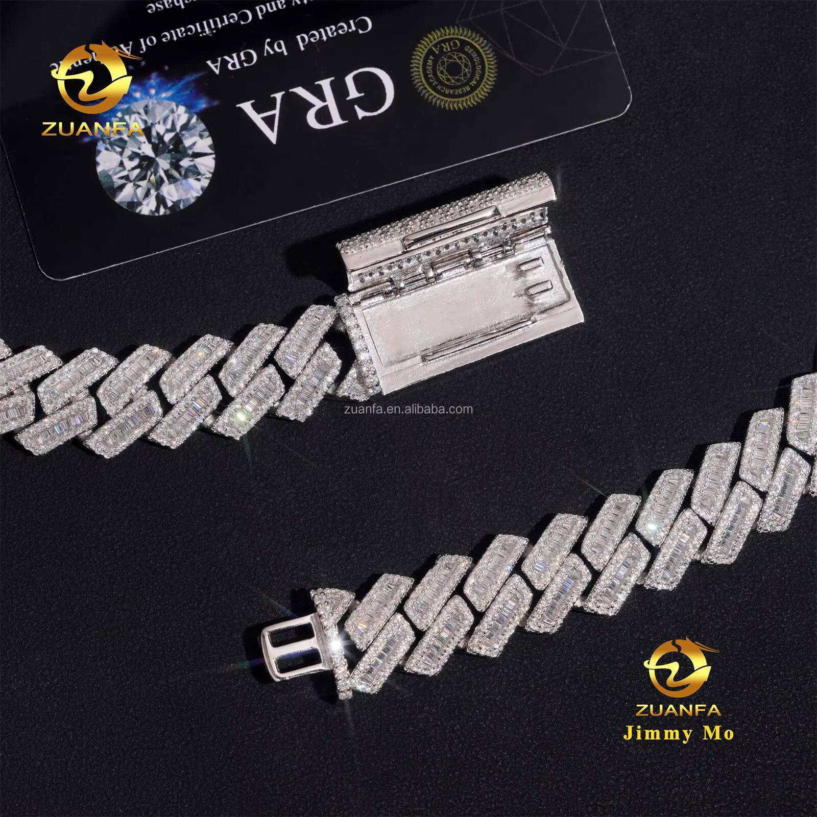 New Arrivals Fashion Popular Box Clasp S925 12mm 15mm Iced Out Hip Hop VVS1 Baguette Moissanite Diamond Miami Cuban Link Men