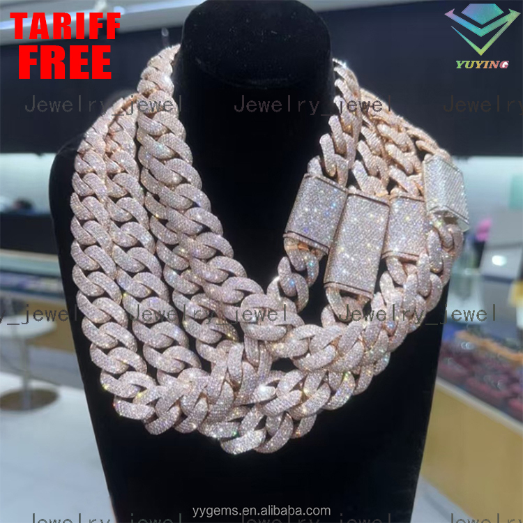 Luxury Iced Out Diamond Necklace 22mm Wide 18k Gold Plated Heavy Silver VVS Moissanite Cuban Link Chain for Mens Jewelry