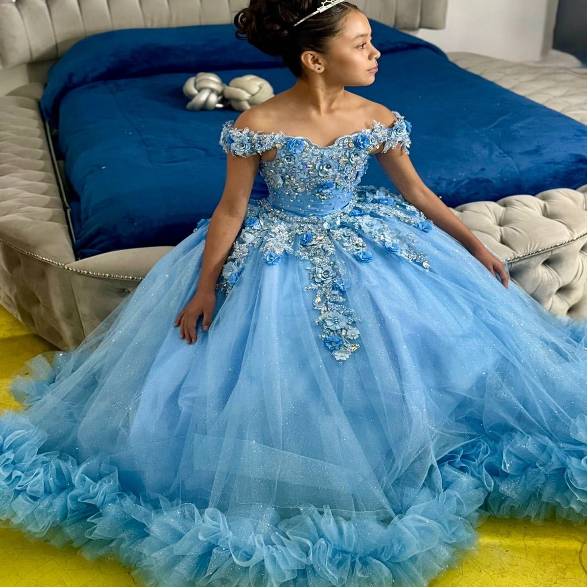 2025 Light Sky Blue Flower Girl Dresses Ball Gown Floral Lace Beaded Crystals Tulle Little Girl Christmas Peageant Birthday Christening Tutu Dress Gow