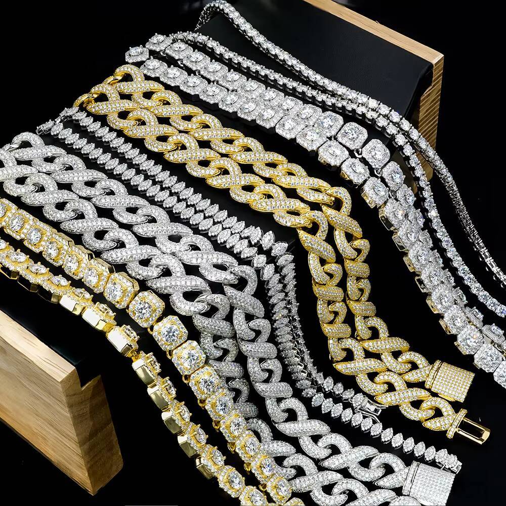 Bling Jewelry Iced Out Big Size square Marquise Clustered Moissanite Diamond Tennis Chain Bracelet Necklace Setting