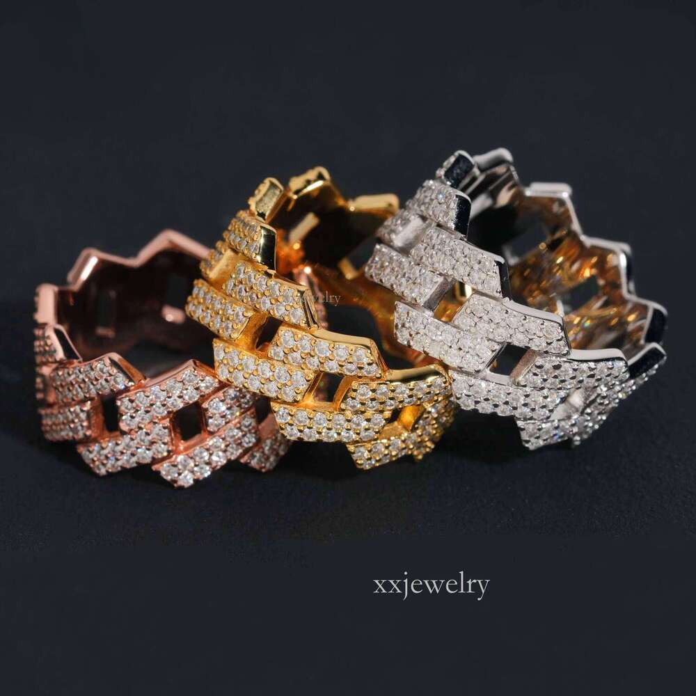 Factory Direct High Quality Hip Hop Two Row Sterling Sier Moissanite Iced Out Cuban Ring