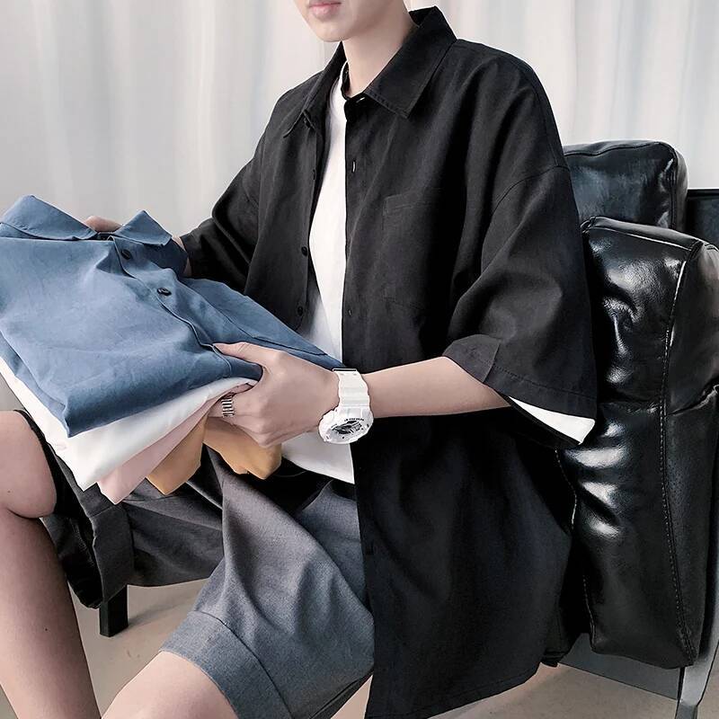 2025 Summer Half-Sleeved Solid Color Fashion Office Shirts Male Casual Loose Button Pocket Shirt Men Clothing ddmymarket