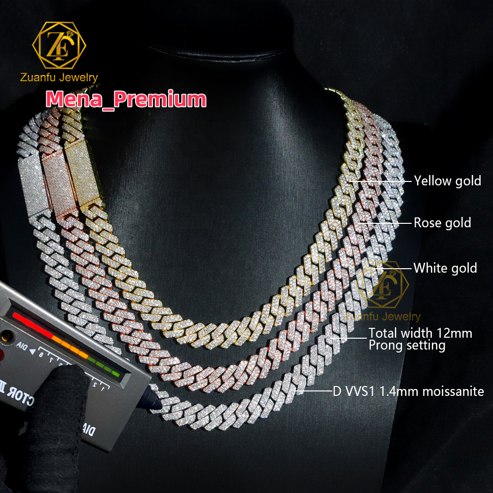 Real Silver 925 Hiphop Jewelry 8mm 10mm 12mm Moissanite Cuban Chain Rose Gold Moissanite Link Chain Clover Necklace