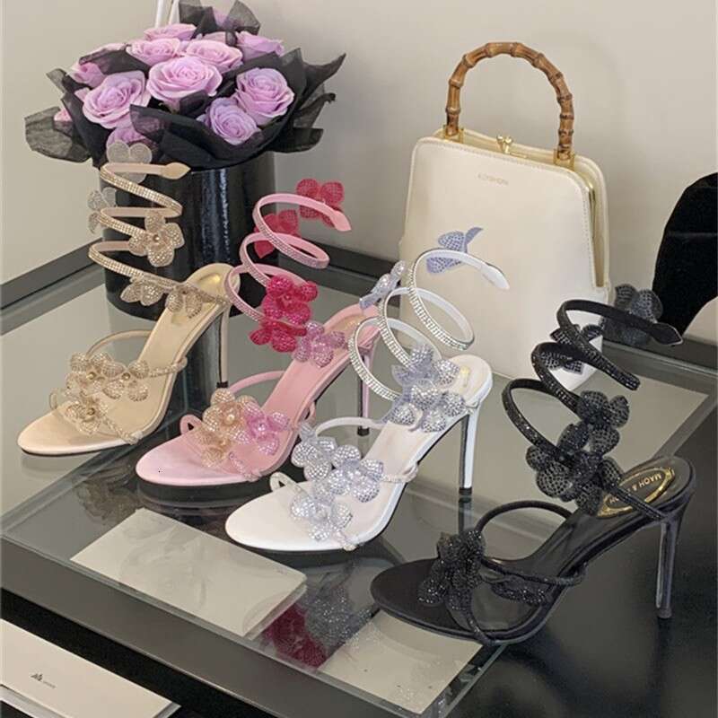 2025 Spring New Plus Size snake Elegant Sweet Stiletto Heels Women's Floral Rhinestone Open Toe Sandals Ankle Strap