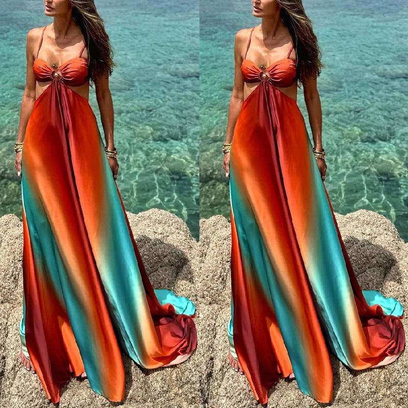 2025 New Sexy Strap Gradient trend Island Style Dress Beach Long Dress New Designer Dress