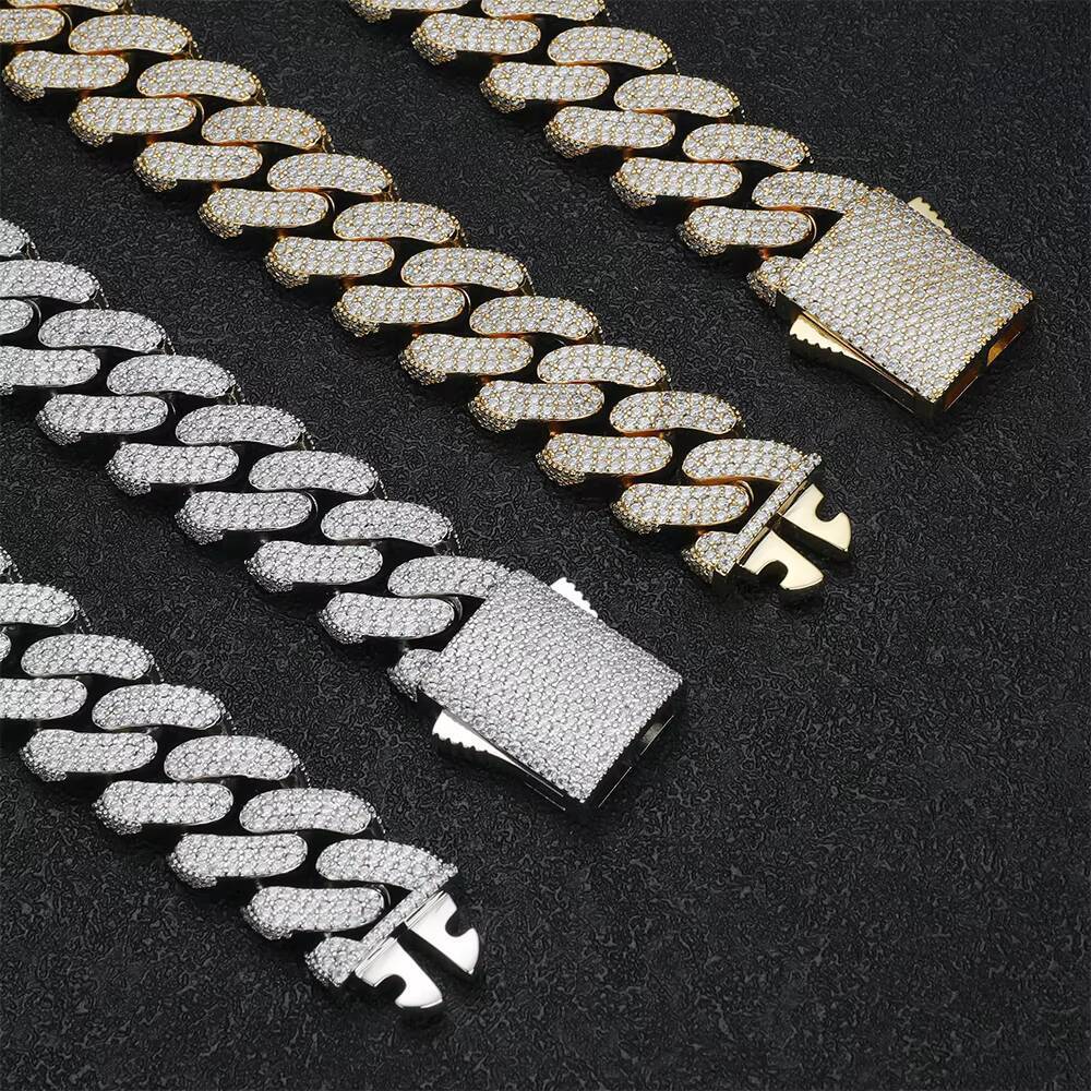 Most Popular Classic Design 18mm 925 Silver VVS Moissanite Iced Out Cuban Link Chains for Men Gold Plated Necklace