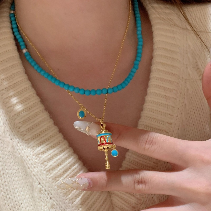 fashion temperament Versatile Handcrafted Brass Spinner Necklace Lapis Enamel Turquoise Accents