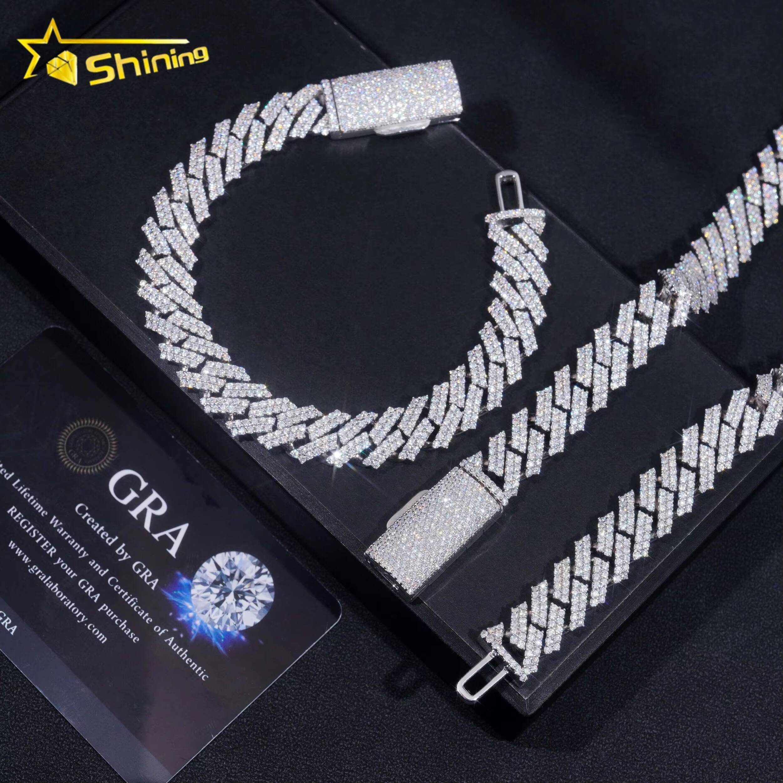 Pass Diamond Tester Hip Hop 925 Silver Two Row Straight Edge 12MM Moissanite Cuban Link Chain