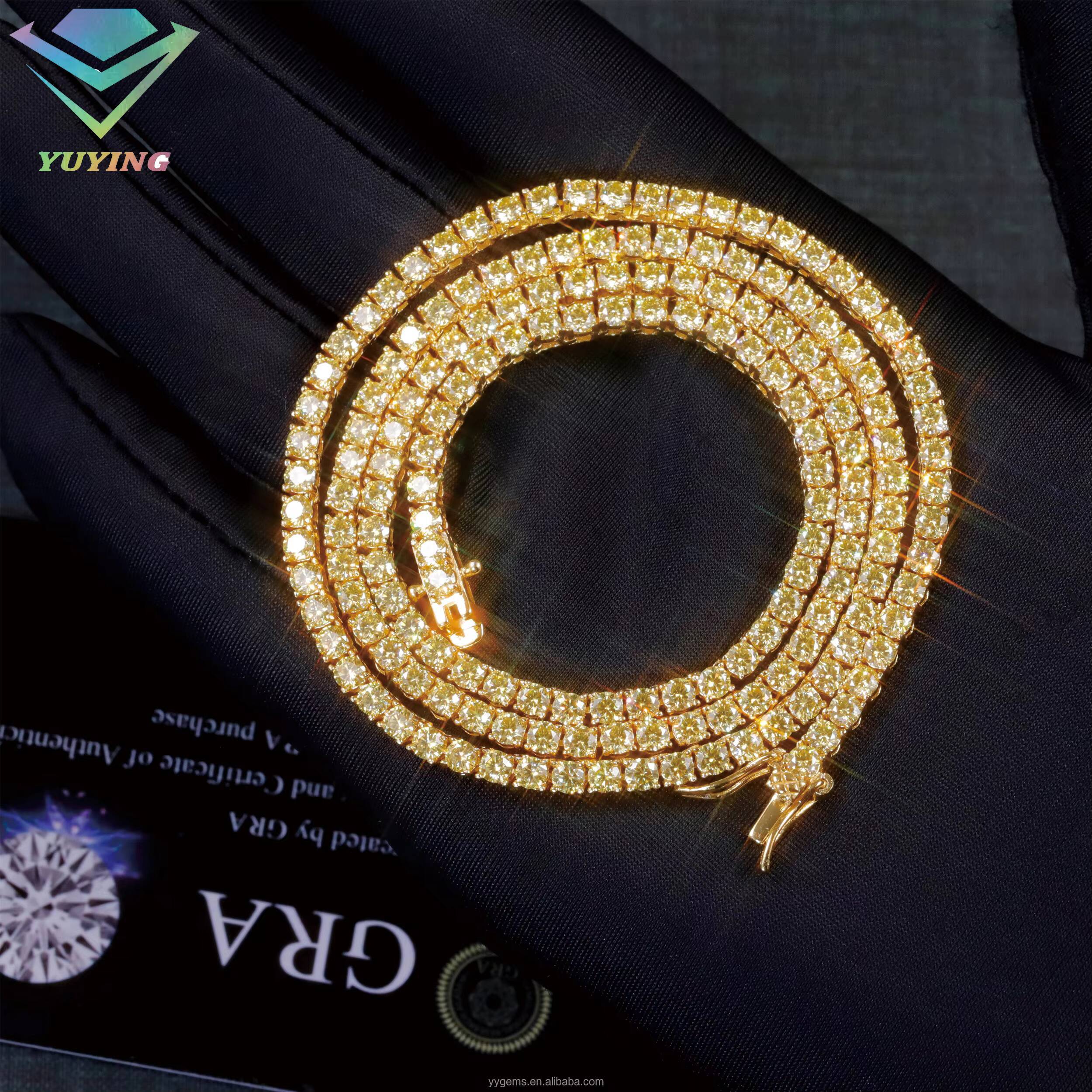 Vivid Yellow Color Moissanite Diamond Tennis Chain S925 Sterling Silver for Women/mans Fine Jewelry Necklace