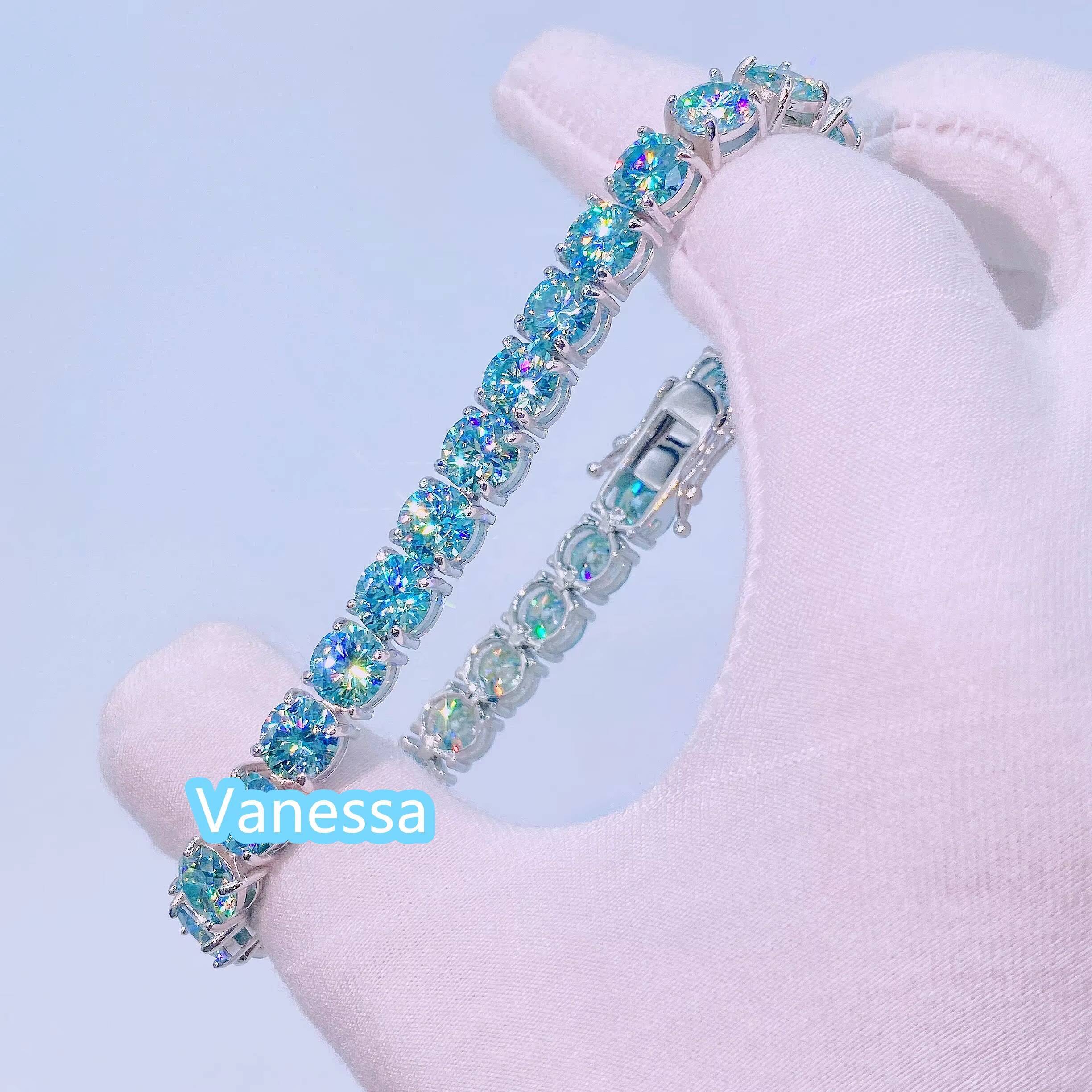 Hot Sale Summer Color Blue Green Moissanite Tennis Necklace S925 Sterling Silver Tennis Bracelet Blue Moissanite Tennis Chain