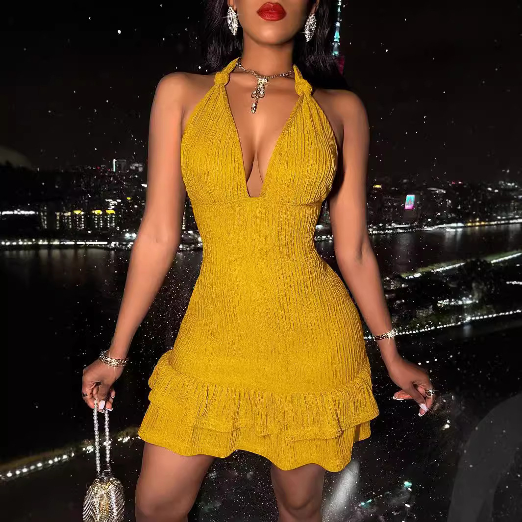 2025 summer new backless collar sexy fashion low cut slim fit solid color tight dress European and American style fashionable women's S dress new