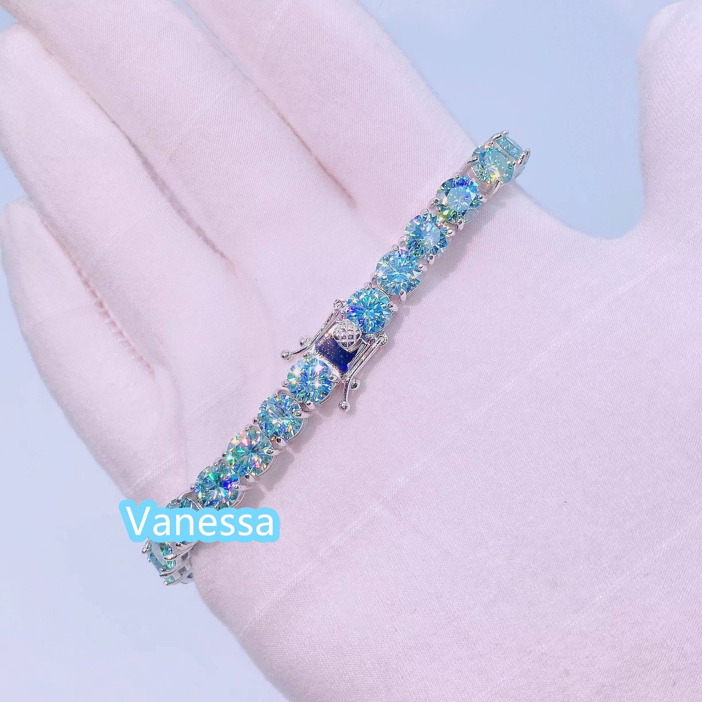 Hot Sale Summer Color Blue Green Moissanite Tennis Necklace S925 Sterling Silver Tennis Bracelet Blue Moissanite Tennis Chain