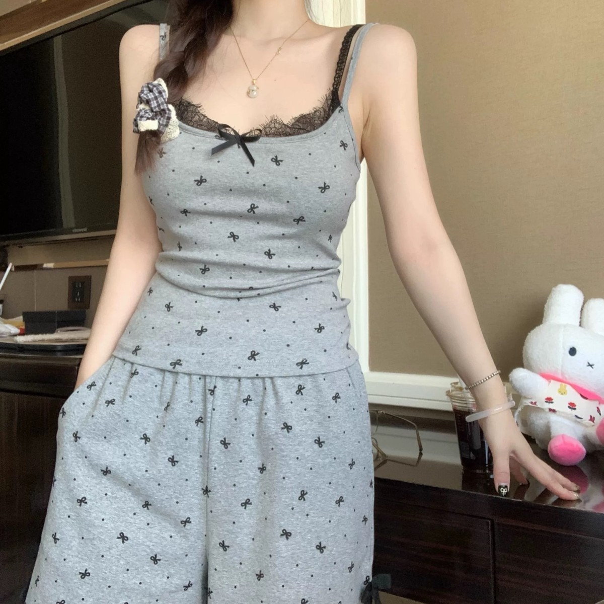 Outfits For Woman High - quality cotton pajamas for women with built - in bra pads in summer The suspender style is pure and sweet with butterfly knot