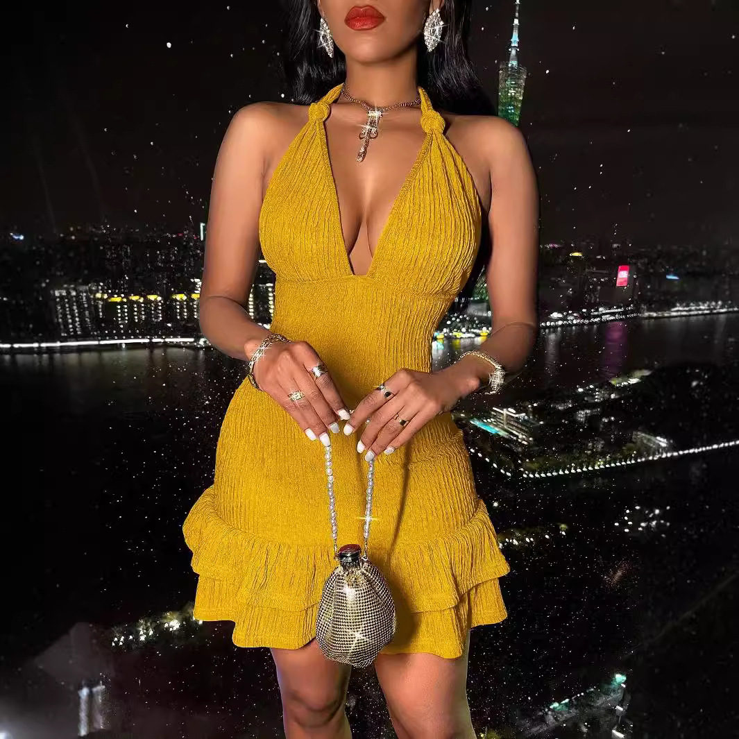 2025 summer new backless collar sexy fashion low cut slim fit solid color tight dress European and American style fashionable women's S dress new