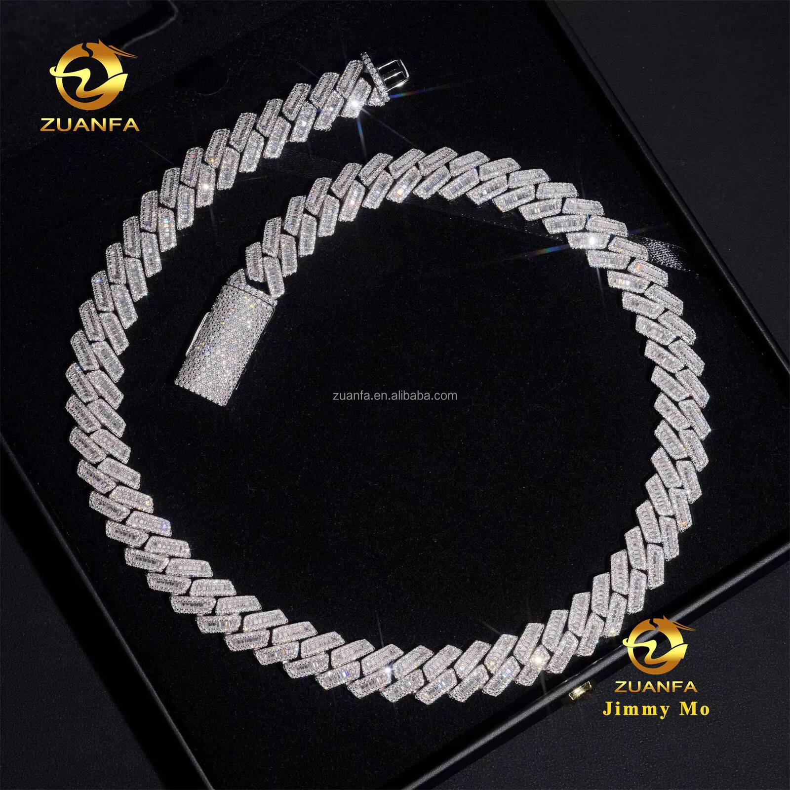 New Arrivals Fashion Popular Box Clasp S925 12mm 15mm Iced Out Hip Hop VVS1 Baguette Moissanite Diamond Miami Cuban Link Men
