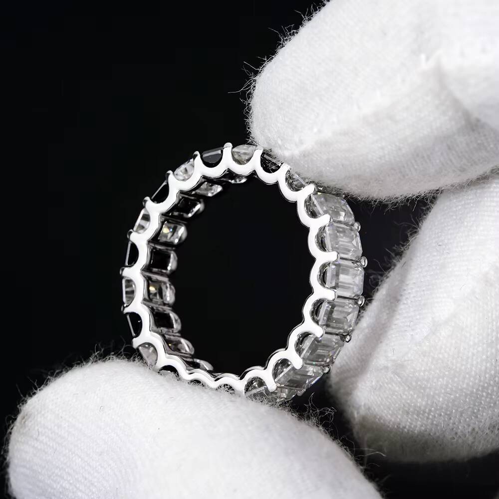 Men Women Hip Hop Real 9k White Gold Emerald Cut Shape Black white Gra Vvs Mossanite Moissanite Iced Out Tennis Eternity Ring