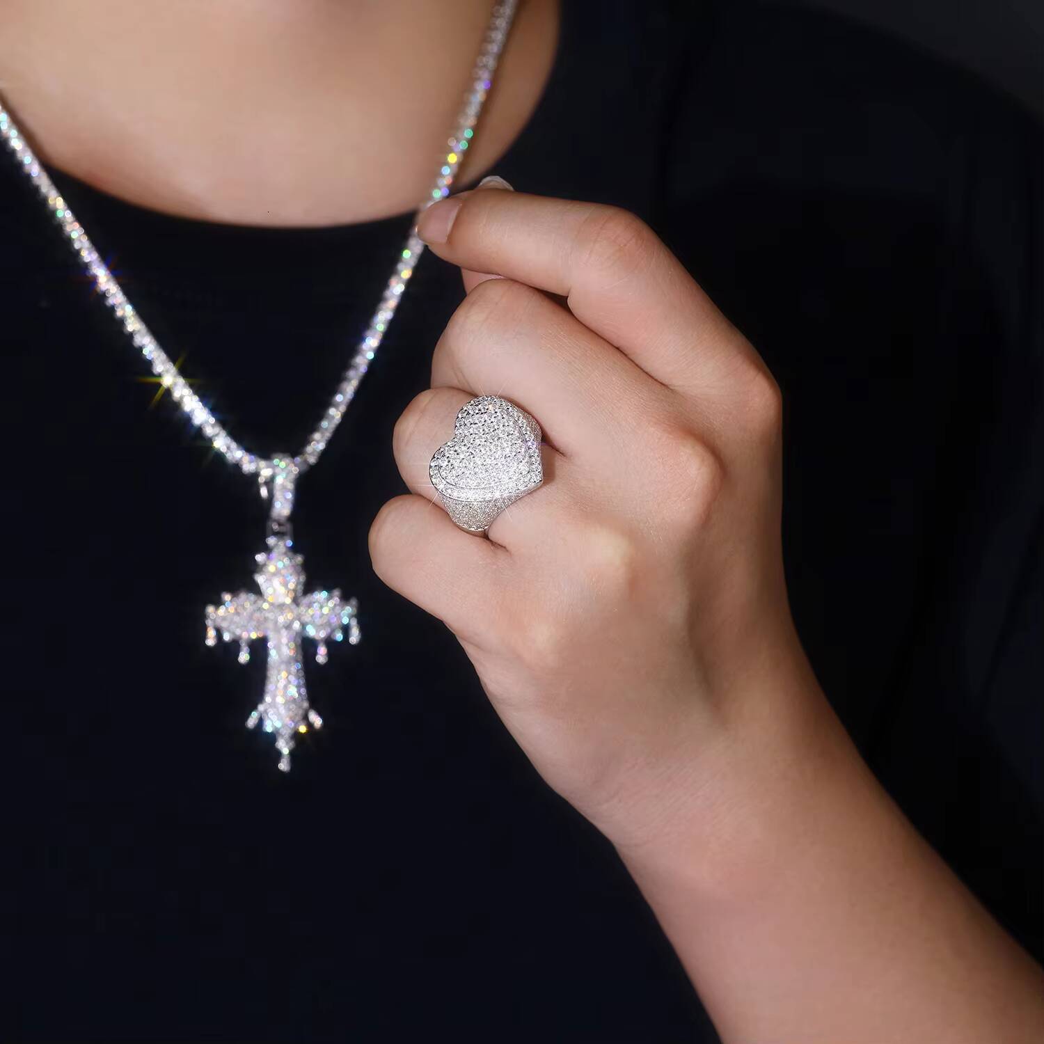 Iced Out Heart Moissanite Ring S925 Silver 18K Gold Plated Factory Direct Trendy Hip Hop Jewelry for Women Gift Design Ring