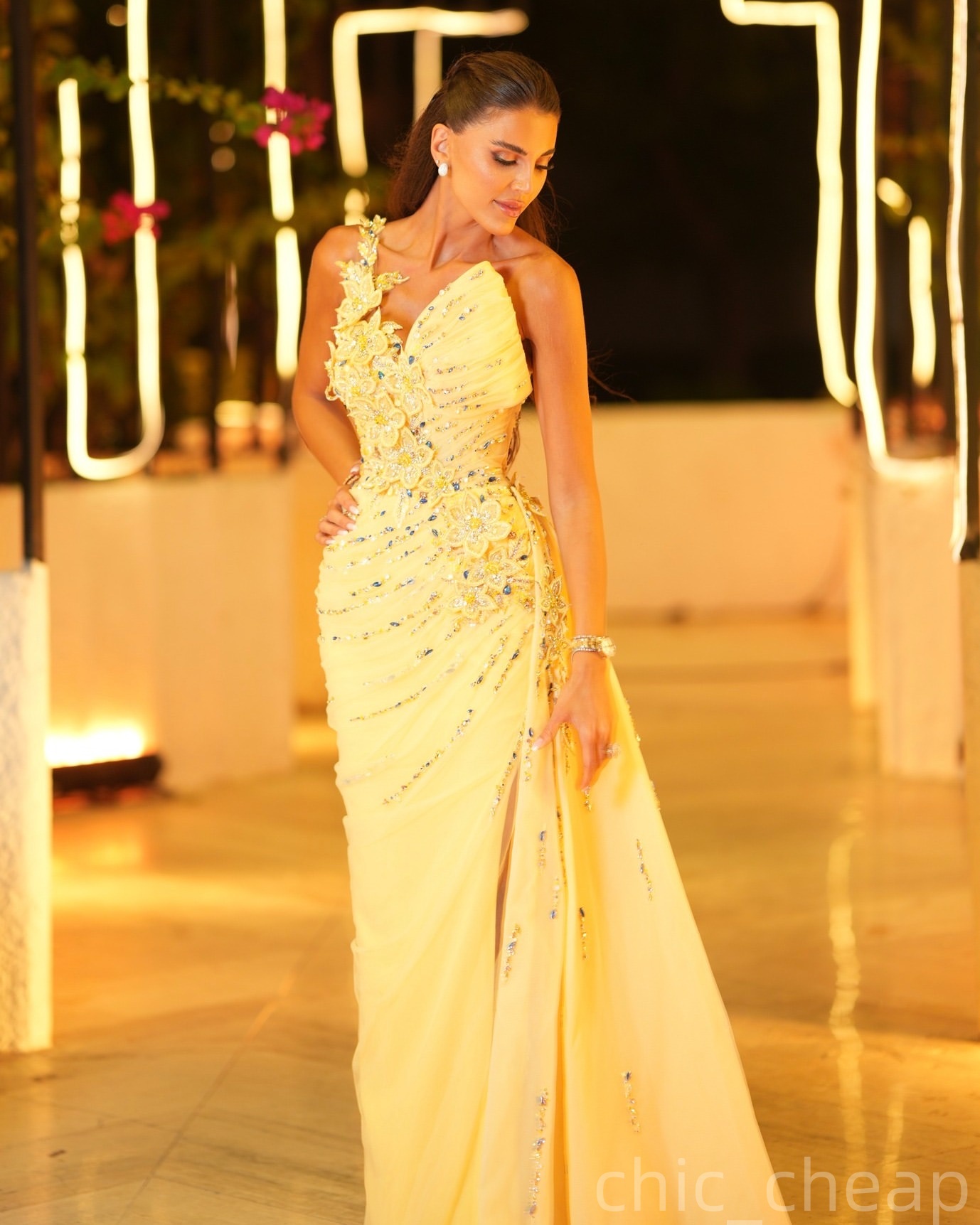 Sheath Yellow Evening Dresses Floral Lace Crystals Chiffon Prom Formal Party Second Birthday Engagement Gowns Plus Size Dress For Special Occasions