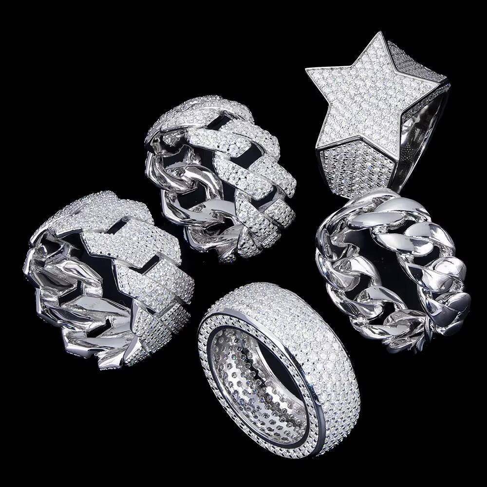Bulk Wholesale Custom Hip Hop Crushed Iced Out 925 Sterling Silver Fine Jewelry Cuban Diamond Mossanite Moissanite Ring for Men