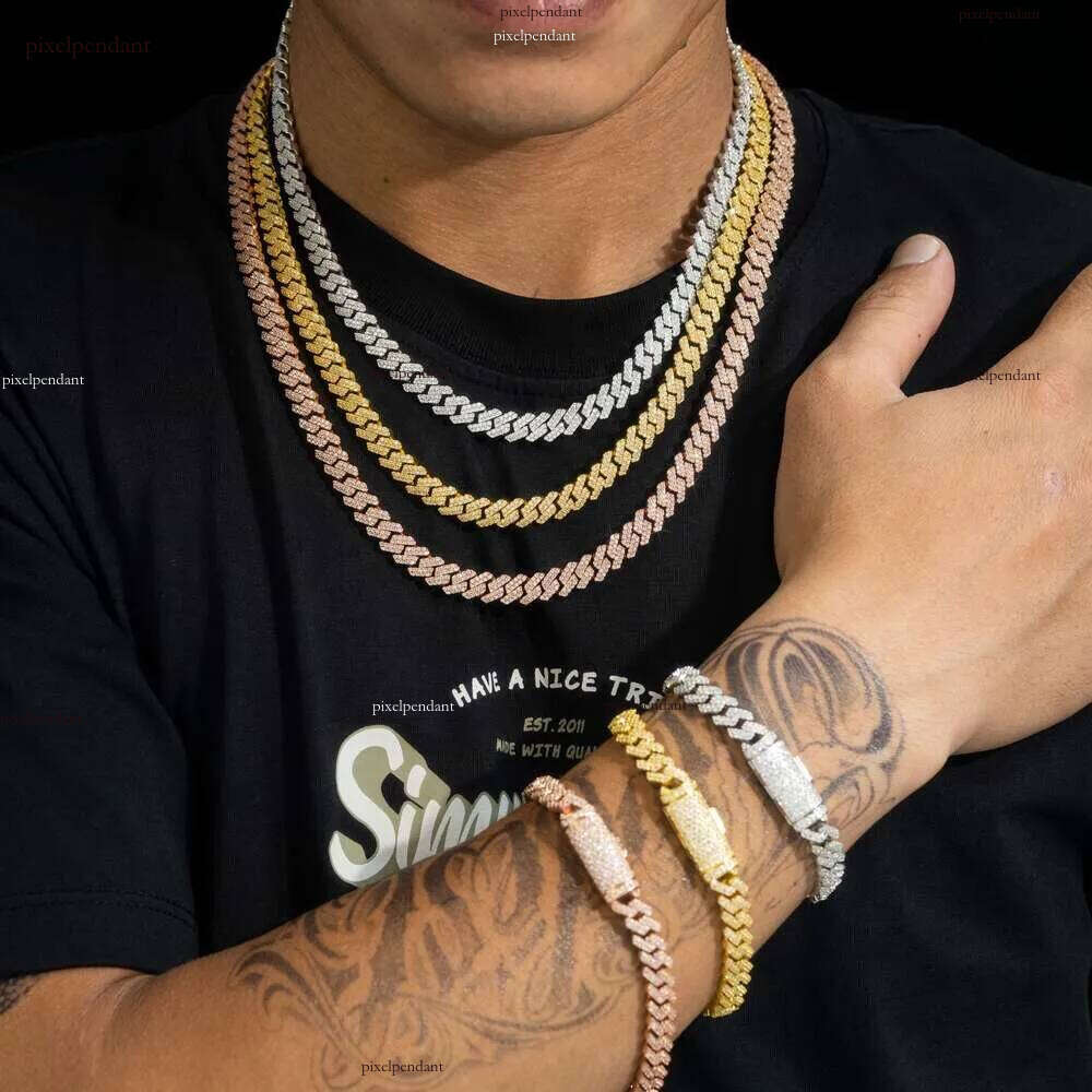 pendant necklaces hip hop style 8mm width 2 rows sier iced out dia bracelet moissanite cuban link chain