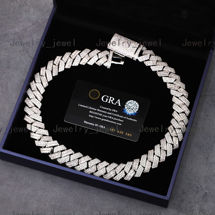 Luxury Jewelry 18K Gold Plated 925 Solid Silver Baguette and Round Moissanite Diamond Cuban Link Chain with GRA Certificate