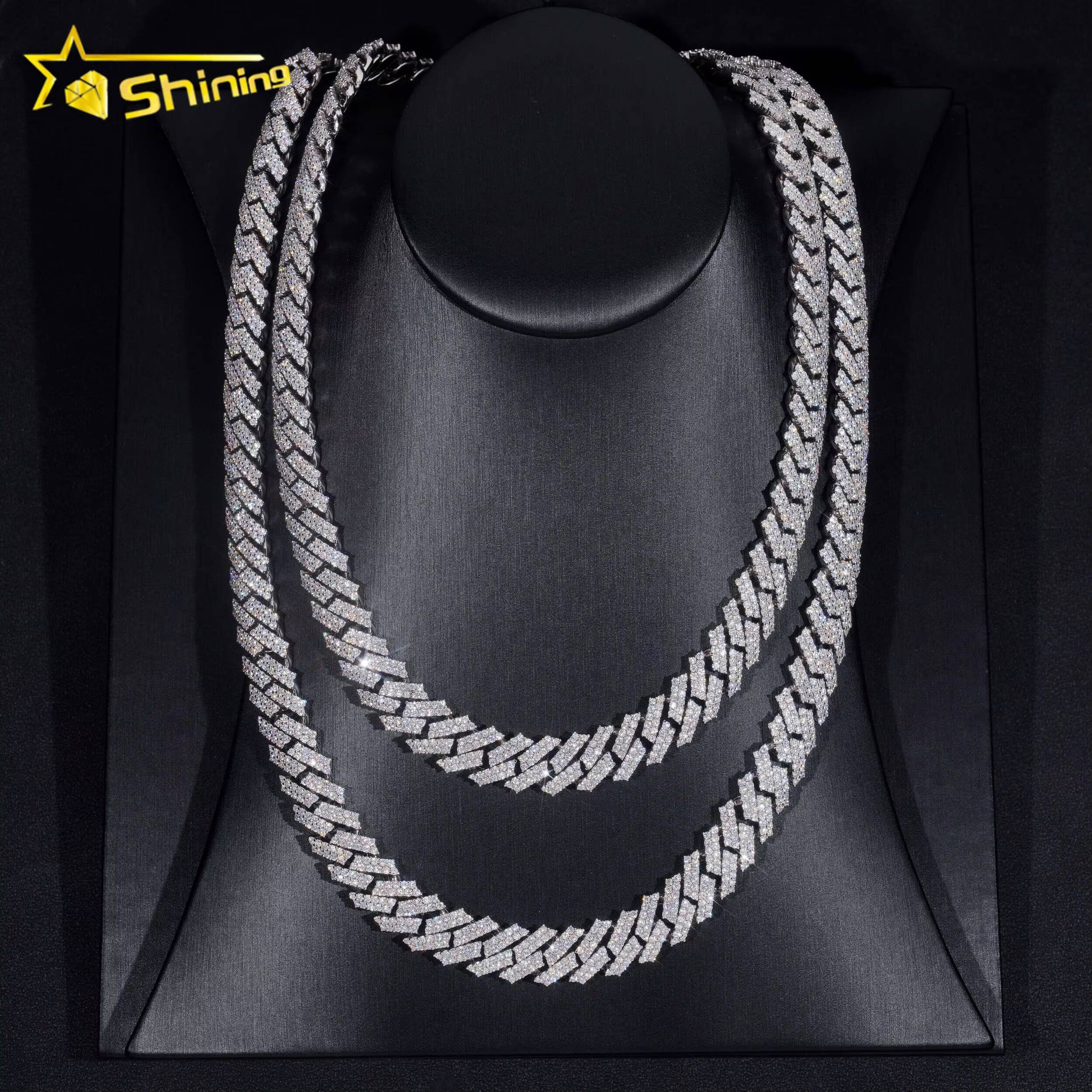 Pass Diamond Tester Hip Hop 925 Silver Two Row Straight Edge 12MM Moissanite Cuban Link Chain