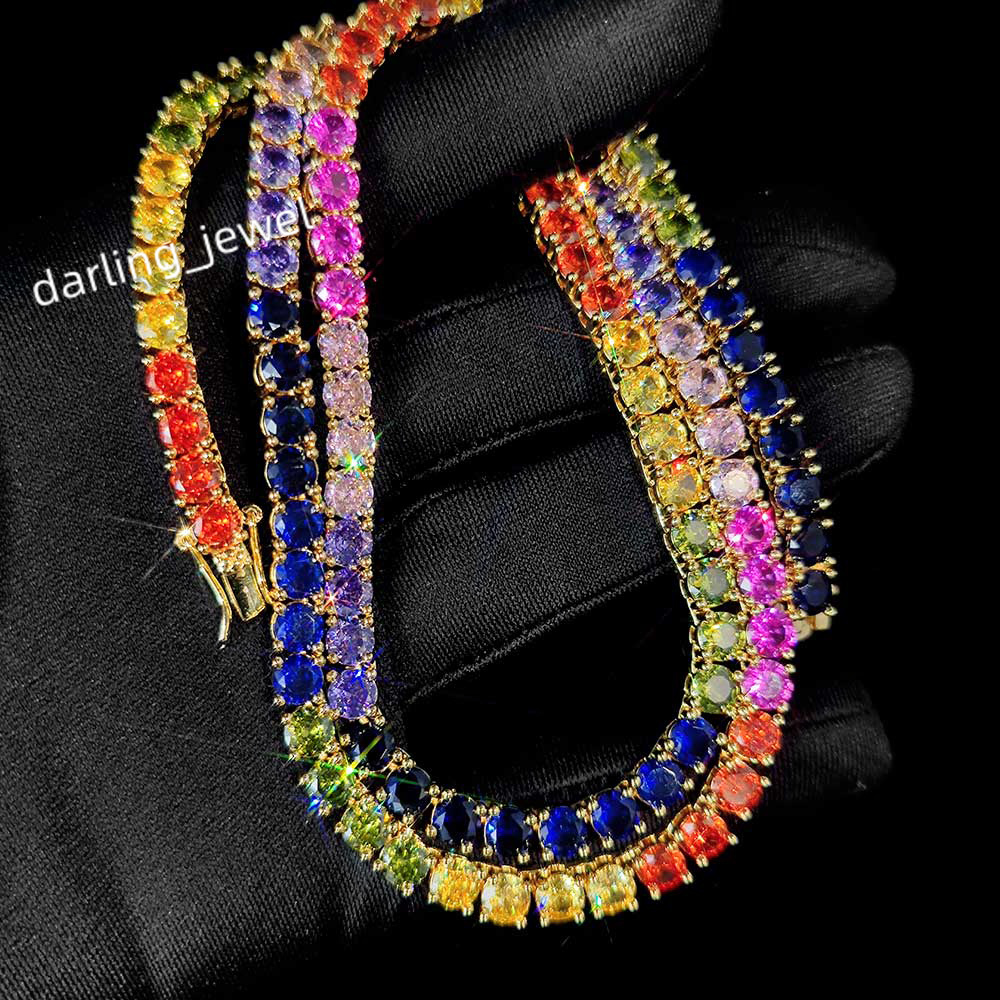 New Style 18K Gold Plated 5mm Iced Out Link Chain Tennis Necklace with Coloured Cubic Zirconia Hip Hop Jewelry Rainbow Effect