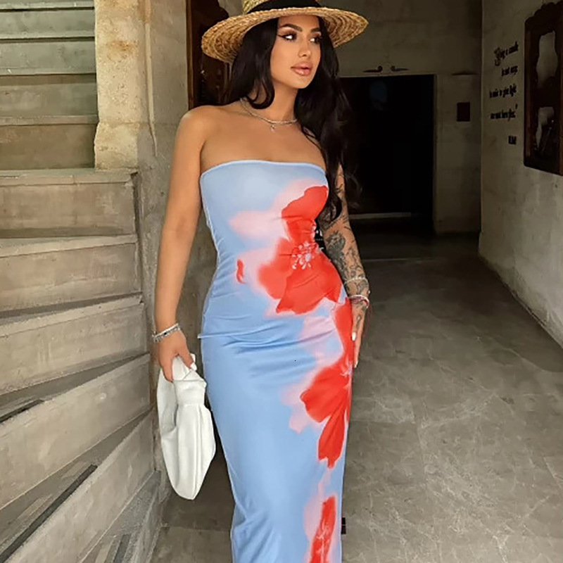 2025 summer fashion European and fashion American INS sexy style slim fit printed tube top split tight long skirt factory wholesale new designer dress