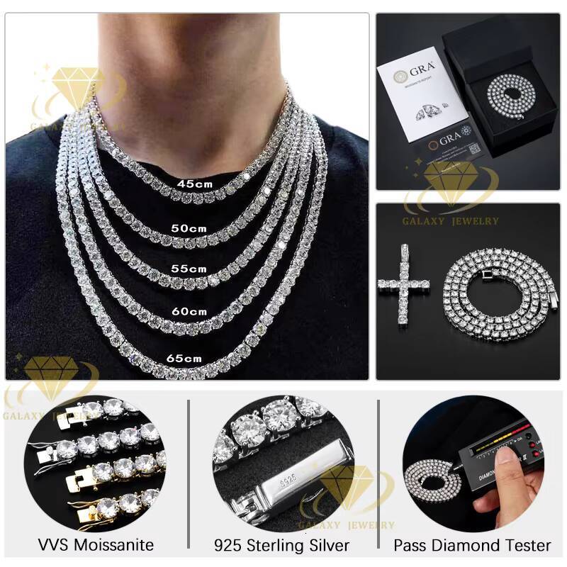 Cheapest Price Hip Hop Silver 925 Moissanite Chain 2mm 3mm 4mm 5mm 6.5mm VVS Moissanite Diamond Necklace Moissanite Tennis Chain